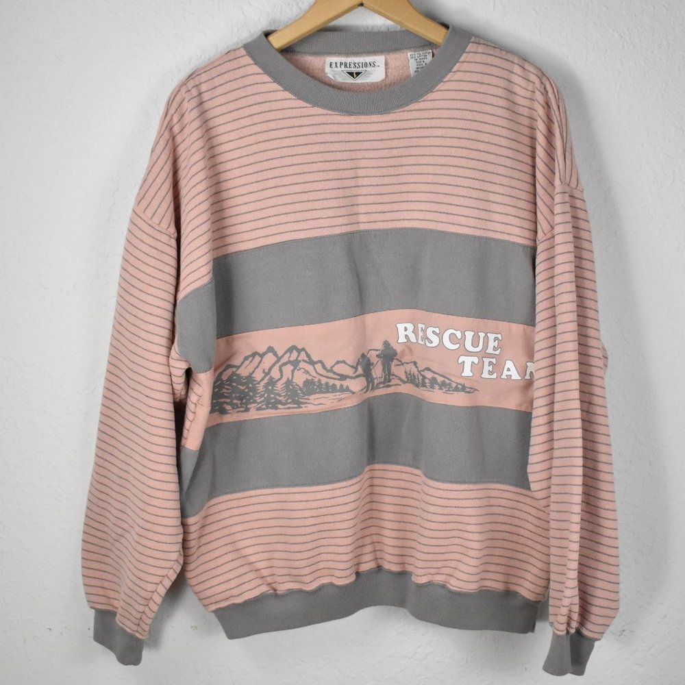 Vintage Salmon and Gray Striped Sweatshirt Sz L